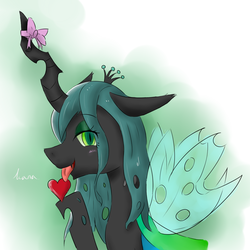 Size: 1200x1200 | Tagged: safe, artist:kanaowo, queen chrysalis, changeling, changeling queen, g4, bow, crown, female, heart, horn, horn bow, jewelry, regalia, solo