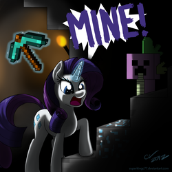 Size: 1920x1920 | Tagged: safe, artist:sakaerion, rarity, spike, g4, creeper, crossover, dialogue, diamond, minecraft, mining, pickaxe, pun, species swap, torch