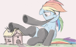 Size: 2000x1258 | Tagged: safe, artist:ncmares, rainbow dash, pony, g4, big-pon, clothes, destruction, female, floppy ears, giant pony, macro, sketch, socks, solo