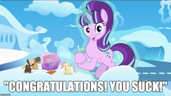 Size: 888x499 | Tagged: safe, starlight glimmer, g4, the cutie re-mark, clapping, image macro, meme, mocking, sarcasm, starlight says bravo