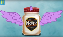 Size: 1567x933 | Tagged: safe, alicorn, pony, food, horn, jar, mayonnaise, sauce, wat, wings