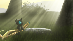 Size: 1920x1080 | Tagged: safe, artist:skrittzs, butterfly, changeling, nymph, 3d, bipedal leaning, crepuscular rays, cute, cuteling, grass, leaning, smiling, solo, source filmmaker, tree, watching