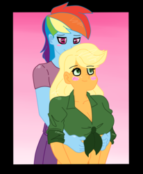 Size: 800x970 | Tagged: safe, artist:johnjoseco, artist:krazykari, applejack, rainbow dash, equestria girls, g4, blushing, female, lesbian, ship:appledash, shipping, solo