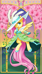 Size: 1080x1920 | Tagged: safe, artist:dstears, fluttershy, pegasus, pony, g4, bipedal, clothes, dress, female, french haute couture, hat, lidded eyes, looking at you, solo, spread wings