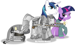 Size: 3502x2115 | Tagged: safe, artist:vector-brony, shining armor, twilight sparkle, pony, unicorn, fallout equestria, g4, armor, crossover, duo, fallout, fanfic, fanfic art, female, high res, hooves, horn, male, mare, ministry mares, power armor, powered exoskeleton, simple background, smiling, stallion, transparent background, vector