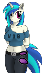 Size: 2650x4512 | Tagged: safe, artist:mrlolcats17, dj pon-3, vinyl scratch, anthro, g4, belly button, breasts, busty vinyl scratch, candy, cleavage, clothes, female, food, lollipop, midriff, off shoulder, pants, solo