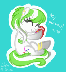 Size: 2000x2176 | Tagged: safe, artist:lifyen, oc, oc only, oc:lea, earth pony, pony, ^^, bracelet, candy, chibi, cute, earring, eyes closed, food, high res, piercing, skittles, solo, sweets, two toned hair