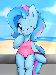 Size: 900x1200 | Tagged: safe, artist:mrsremi, oc, oc only, oc:cotton candi, beach, bipedal leaning, blushing, both cutie marks, clothes, one-piece swimsuit, solo, swimsuit, wink