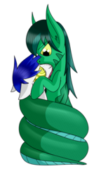 Size: 777x1353 | Tagged: safe, artist:spitfire740, oc, oc only, oc:kharma serpentia, oc:silver sky, lamia, original species, coils, drool, fetish, mind control, open mouth, smiling, tongue out, vore