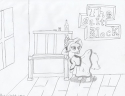 Size: 1020x783 | Tagged: safe, artist:hickory17, oc, oc only, oc:trail blaze, pony, unicorn, alcohol, appleloosa, cider, food, lineart, monochrome, musical instrument, pencil drawing, piano, saloon, saloon dress, salt, show accurate, solo, traditional art, trail blaze