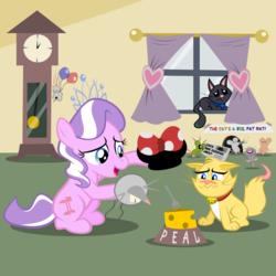 Size: 800x800 | Tagged: safe, artist:magerblutooth, diamond tiara, oc, oc:dazzle, oc:peal, cat, earth pony, mouse, pony, g4, blushing, bowl, cheese, clock, food, fork, grandfather clock, hat, hickory dickory dock, minnie mouse, pet bowl, window