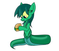 Size: 769x664 | Tagged: safe, artist:spitfire740, oc, oc only, oc:kharma serpentia, lamia, original species, belly button, burger, drool, eating, female, food, sandwich, solo, unhappy