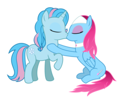 Size: 992x806 | Tagged: safe, artist:bentec, oc, oc only, oc:caring hooves, oc:cotton candi, pegasus, pony, unicorn, female, kissing, lesbian, love, oc x oc, shipping