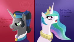 Size: 800x453 | Tagged: safe, artist:okamiiaoi, idw, king sombra, princess celestia, g4, spoiler:comic, female, good king sombra, male, mirror universe, scene interpretation, ship:celestibra, shipping, straight, watermark