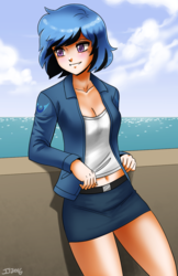 Size: 1500x2311 | Tagged: safe, artist:johnjoseco, oc, oc only, oc:sentoki, human, belly button, belt, belt buckle, cleavage, clothes, coat, female, humanized, humanized oc, jacket, leaning, lunar republic, midriff, miniskirt, ocean, skirt, solo, thighs