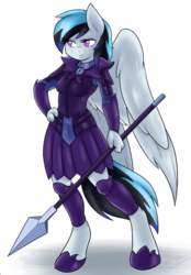 Size: 649x934 | Tagged: safe, artist:ambris, oc, oc only, oc:sentoki, pegasus, anthro, unguligrade anthro, anthro oc, armor, colored pupils, guardsmare, lidded eyes, royal guard, shadow, simple background, solo, spear, weapon, white background