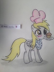Size: 296x394 | Tagged: safe, derpy hooves, pegasus, pony, g4, apron, chef's hat, clothes, female, food, hat, mare, mouth hold, muffin, solo, traditional art