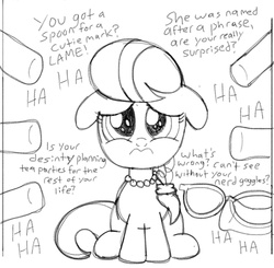 Size: 1248x1222 | Tagged: safe, artist:pepsi twist, silver spoon, g4, abuse, bully, bullying, female, filly, floppy ears, glasses, monochrome, silverbuse, sketch, solo, spoonabuse