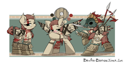 Size: 1280x640 | Tagged: safe, artist:bbsartboutique, oc, oc only, oc:rin, beads, blushing, bone, clothes, embarrassed, fighting stance, knife, markings, mask, ponytail, shield, side by side, skull, spear, stern, strategically covered, tail censor, tail wrap, tribal, weapon