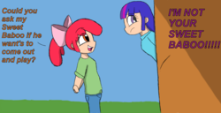 Size: 1600x817 | Tagged: safe, artist:lesbocarwash, apple bloom, twilight sparkle, human, g4, dialogue, female, humanized, implied shipping, implied spike, implied spikebloom, implied straight, male, offscreen character, open mouth, peanuts, sketch