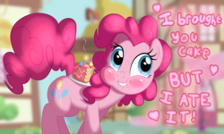 Size: 1280x768 | Tagged: safe, artist:fluffyxai, pinkie pie, pony, g4, aweeg*, blushing, but i eated it, cake, cute, diapinkes, female, food, pure unfiltered evil, solo, text
