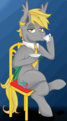 Size: 6829x12276 | Tagged: safe, artist:dr-whiskey, artist:mr-chaoz, oc, oc only, oc:warden, bat pony, pony, absurd resolution, chair, crossed legs, earring, food, gray coat, lidded eyes, looking at you, necktie, piercing, raised eyebrow, sassy, sipping tea, sitting, solo, tea, yellow eyes
