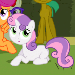 Size: 386x386 | Tagged: safe, screencap, scootaloo, snails, sweetie belle, twist, pony, unicorn, g4, season 2, the return of harmony, :o, animated, butt, colt, cute, diasweetes, frown, glasses, grass, looking at you, looking back, loop, plot, prone, user meltdown in the comments