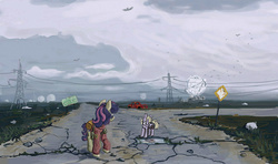 Size: 1276x755 | Tagged: safe, artist:agm, bon bon, dinky hooves, sweetie drops, bird, g4, clothes, pickup truck, post-apocalyptic, power line, puddle, road, satellite dish, scenery, sweater, truck