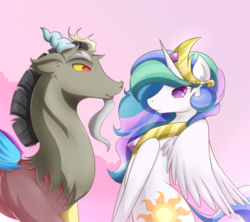 Size: 1000x887 | Tagged: safe, artist:siranarchy95, discord, princess celestia, g4, female, male, ship:dislestia, shipping, stare, straight