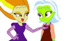 Size: 975x549 | Tagged: safe, artist:ktd1993, adagio dazzle, trixie, equestria girls, g4, bride of frankenstein, clothes, cosplay, costume, duo, female, frankenstein, frankenstein's monster, lesbian, ship:triagio, shipping, simple background, transparent background