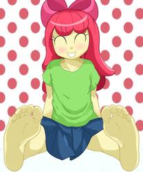 Size: 1000x1200 | Tagged: safe, anonymous artist, apple bloom, equestria girls, g4, adorabloom, apple bloom's bow, barefoot, blushing, bow, clothes, cute, eyes closed, feet, female, fetish, foot fetish, foot focus, hair bow, pleated skirt, skirt, smiling, soles, solo