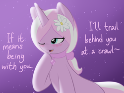 Size: 800x600 | Tagged: safe, artist:lamia, oc, oc only, oc:lamia, pony, unicorn, blushing, choker, collar, dialogue, female, flower, flower in hair, lidded eyes, mare, night, open mouth, sitting, smiling, solo, stars, wink