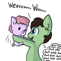 Size: 792x792 | Tagged: safe, artist:tjpones, oc, oc only, oc:tjpones, earth pony, pony, baby, baby pony, chest fluff, dialogue, ear fluff, foal, holding a pony, looking at each other, male, open mouth, simple background, smiling, stallion, thinking, thought bubble, white background