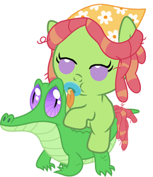 Size: 836x967 | Tagged: safe, artist:red4567, gummy, tree hugger, pony, g4, baby, baby pony, cute, huggerbetes, pacifier, ponies riding gators, riding