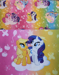 Size: 1280x1608 | Tagged: safe, part of a set, applejack, fluttershy, pinkie pie, rainbow dash, rarity, twilight sparkle, alicorn, pony, g4, fabric, female, irl, jo-ann's fabrics, lesbian, mane six, mare, merchandise, photo, ship:rarijack, shipping, twilight sparkle (alicorn)