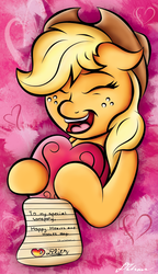 Size: 1555x2695 | Tagged: safe, artist:johesy, applejack, g4, eyes closed, female, hearts and hooves day, present, smiling, solo, valentine's day