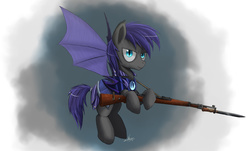 Size: 2000x1209 | Tagged: source needed, safe, artist:ncmares, oc, oc only, oc:au hasard, bat pony, pony, armor, bayonet, flying, gun, kar98k, looking at you, mauser, night guard, rifle, royal guard, slit pupils, solo, weapon