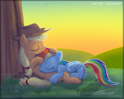 Size: 1024x817 | Tagged: safe, artist:tacianap, applejack, rainbow dash, g4, cuddling, female, lesbian, ship:appledash, shipping, snuggling, sunset, tree, watermark