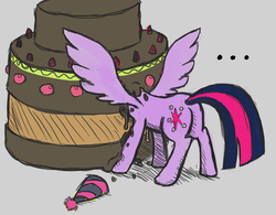 Size: 736x575 | Tagged: safe, anonymous artist, artist:ikarooz, twilight sparkle, alicorn, pony, g4, ..., butt, cake, drawthread, female, food, hat, majestic as fuck, mare, party hat, plot, solo, spread wings, twilight sparkle (alicorn)