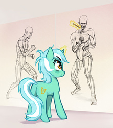 Size: 800x905 | Tagged: safe, artist:hunternif, lyra heartstrings, human, pony, unicorn, g4, anatomy, butt, drawing, female, lyra doing lyra things, magic, muscles, musculature, plot, realistic, solo, telekinesis, that pony sure does love humans, wall