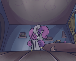 Size: 1250x1000 | Tagged: safe, artist:spikedmauler, sweetie belle, pony, unicorn, g4, anxious, dramatic, female, go ask sweetie belle, hair over one eye, hilarious in hindsight, low angle, scared, solo, step, trotting