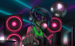 Size: 1680x1050 | Tagged: safe, artist:burning-heart-brony, dj pon-3, vinyl scratch, equestria girls, g4, bubblegum, disco ball, female, food, headphones, humanized, solo, speaker, turntable