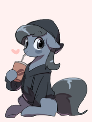 Size: 300x400 | Tagged: dead source, safe, artist:baekgup, oc, oc only, earth pony, pony, bandana, clothes, cup, drink, drinking, hat, heart, hoodie, looking at you, pink background, simple background, solo