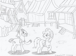 Size: 1024x757 | Tagged: safe, artist:hickory17, deuce switchell, oc, oc:hickory switch, g4, bandana, cajun ponies, cowboy hat, hat, hickory's journey, lineart, monochrome, overalls, saddle bag, show accurate, stetson, swamp, traditional art
