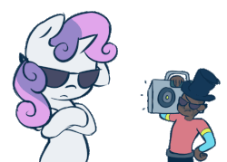 Size: 700x500 | Tagged: safe, artist:spikedmauler, sweetie belle, human, pony, unicorn, g4, animated, boombox, crossed hooves, demoman, demoman (tf2), duo, female, gif, go ask sweetie belle, hat, headbang, human and pony, male, one ear down, sick beats, sunglasses, team fortress 2, top hat