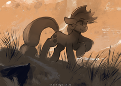 Size: 1200x848 | Tagged: safe, artist:foxinshadow, applejack, earth pony, pony, g4, female, floppy ears, grass, looking up, mare, raised hoof, smiling, solo