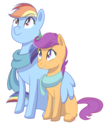 Size: 400x464 | Tagged: safe, artist:canterlotroyalty, rainbow dash, scootaloo, pegasus, pony, g4, clothes, duo, duo female, female, hug, scarf, scootalove, simple background, transparent background, winghug, wings