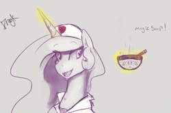 Size: 1280x844 | Tagged: safe, artist:dragk, princess celestia, g4, bowl, dialogue, female, food, levitation, magic, monochrome, nurse, open mouth, partial color, solo, soup, telekinesis