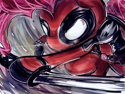 Size: 960x720 | Tagged: safe, artist:ranhkinh, pinkie pie, g4, clothes, cosplay, costume, deadpool, marvel, pinkiepool, sword, weapon