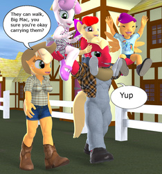 Size: 1000x1069 | Tagged: safe, artist:nobody25445, apple bloom, applejack, big macintosh, rainbow dash, scootaloo, sweetie belle, earth pony, anthro, plantigrade anthro, g4, 3d, boots, carrying, clothes, cutie mark crusaders, daz studio, dress, overalls